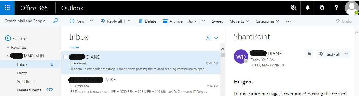 Outlook in Office 365 sample screen Outlook in Office 365 sample screen