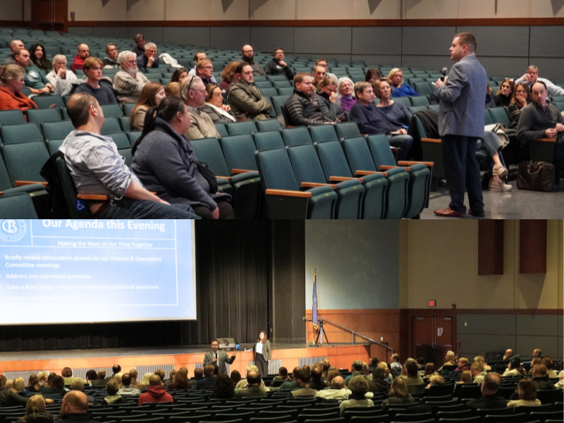 Photos of the town hall crowed being addressed by superintendent Yanni