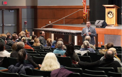  Superintendent Steve Yanni speaks to the audience at the town hall.