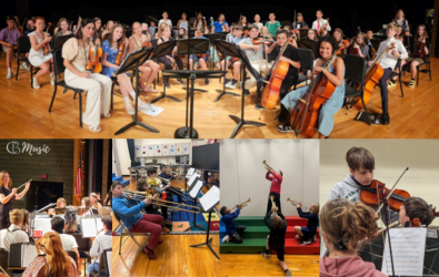  A collage of elementary students playing instruments.