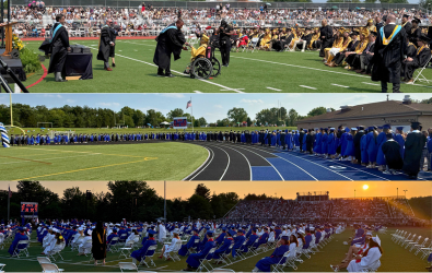 Wide angle photos of the three graduation ceremonies in a collage.