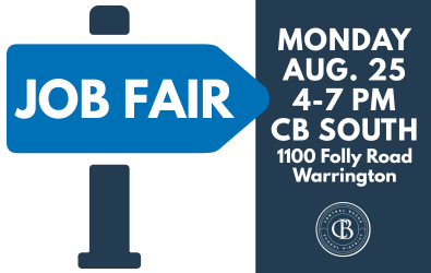  Sign reading "job fair" with an arrow pointing to the event date and time.