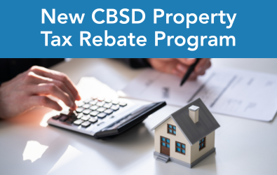  A graphic that reads "New Property Tax Rebate Program" with an image of a model house & calculator