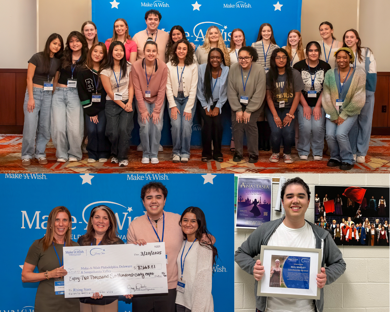 A collage of three photos: a group picture of the Patriot Players; a picture of people holding a check; and a picture of Beau